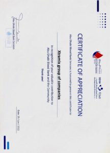 Abu Dhabi Blood Bank Certificate of Contribution for Xtramix Group of Companies 2022